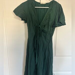 Satin Emerald Green V neck tie Dress